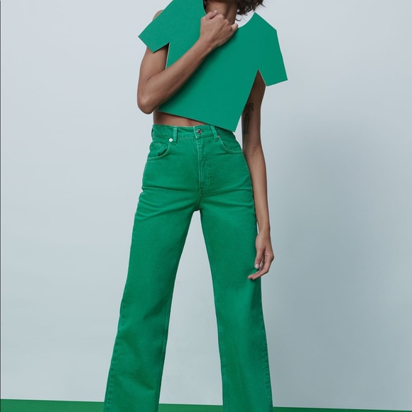 Zara Green High Waisted Wide Leg Jeans 